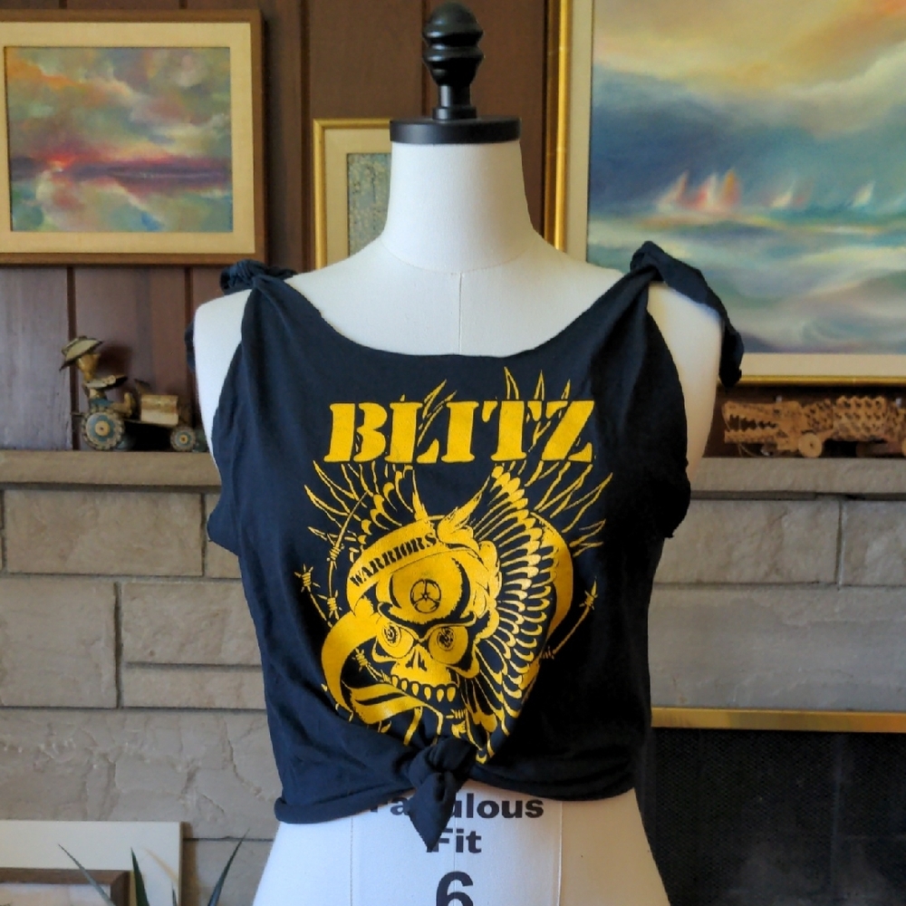 BLITZ punk Tshirt Yellow Screen Print On Black Custom Crop Women's Medium Oi